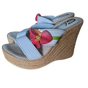 Sbicca Women's Size 7 White Leather Red Flower Espadrille Slide on Wedge Heels